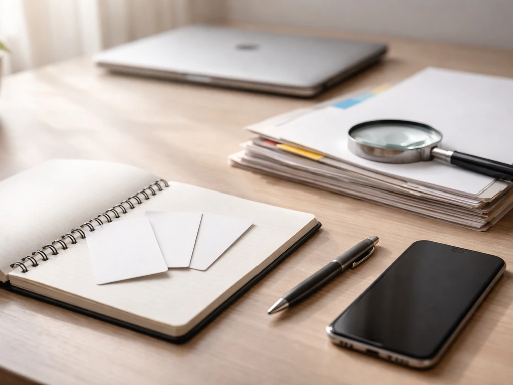 Desk with blank checklist cards, magnifying glass, and documents for verifying identity and records.
