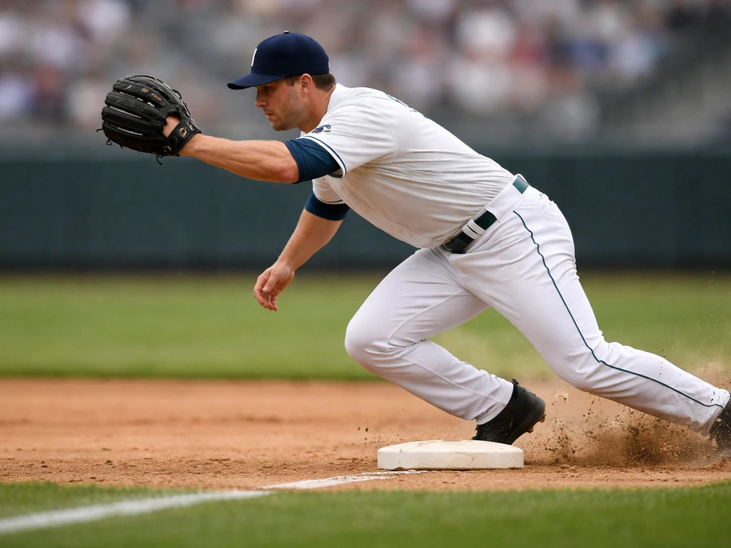 MLB first baseman making a defensive play on a sunny field, glove up, focused action shot.