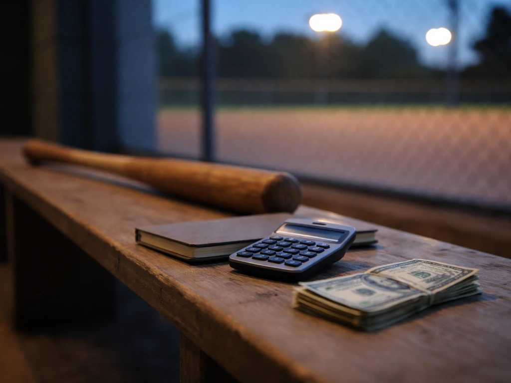 Anonymous baseball field at dusk with a calculator and cash near a worn bat, symbolizing a net-worth estimate.