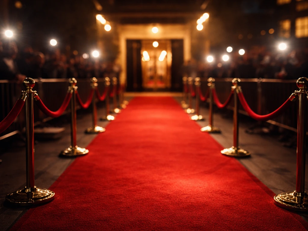 Red carpet style premiere scene with warm lights and a subtle luxury backdrop symbolizing entertainment wealth