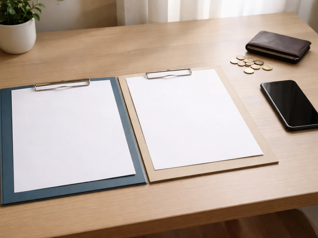 Minimal photo of two open folders and a smartphone on a desk, suggesting net worth comparison and a quick takeaway numbe
