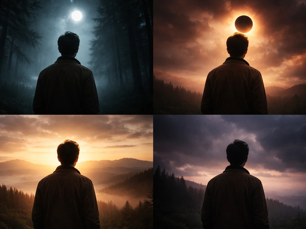 Moody twilight-themed collage of a rugged wolf-like man silhouette across four film-era scenes, minimal and cinematic.