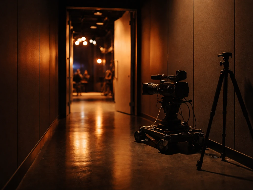 Modern TV studio hallway with warm lighting and a camera on a dolly, suggesting prestige television work.
