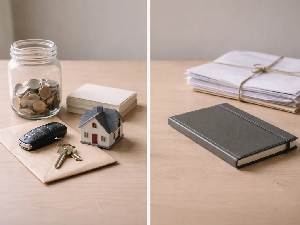 Tabletop arrangement of money and property items separated from debt documents to symbolize assets minus liabilities.