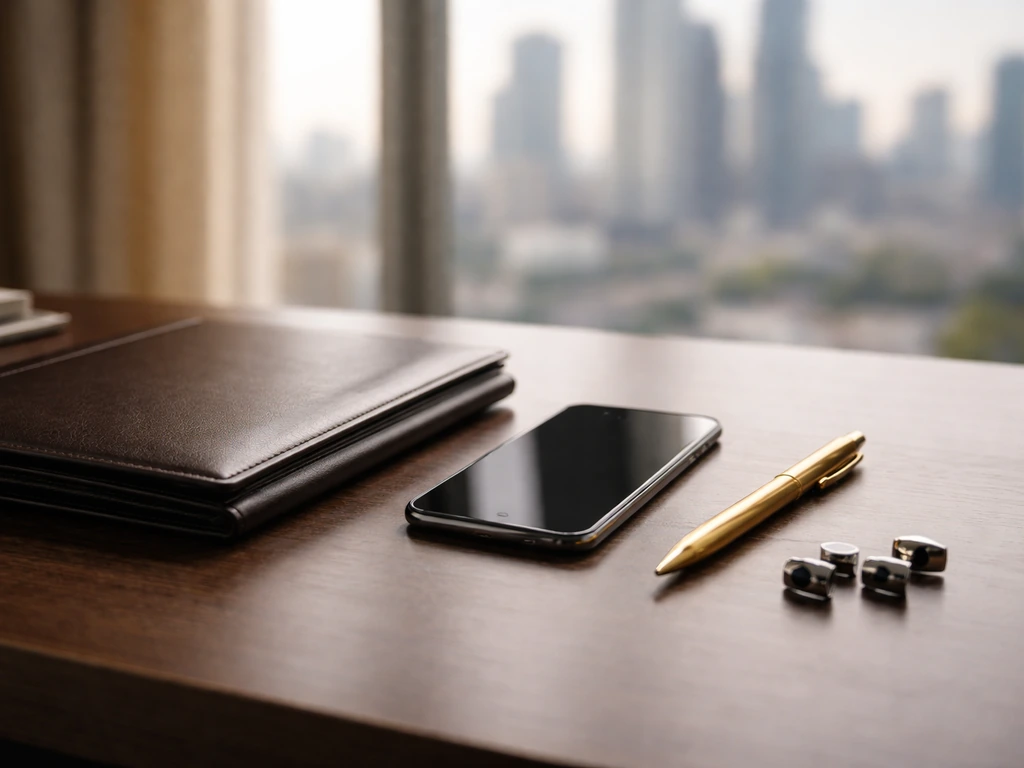Minimal luxury office desk with gold pen and smartphone, city skyline blurred in background, no people.