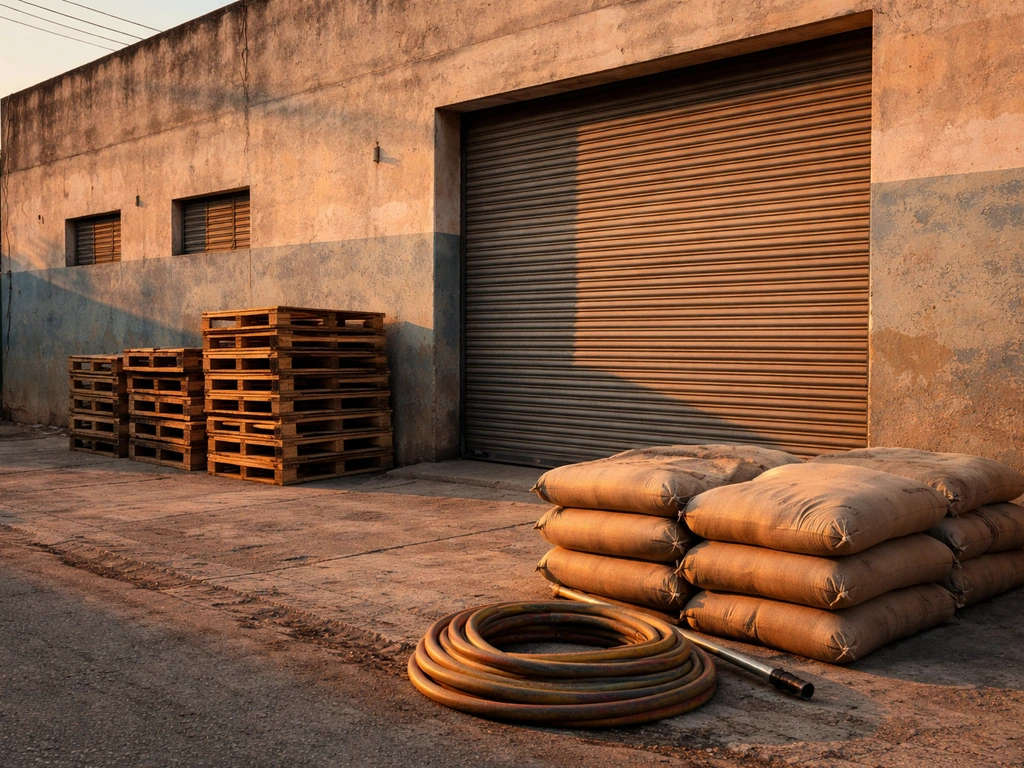 Industrial facility exterior with anonymous pigment/chemical sacks and loading area suggesting income drivers