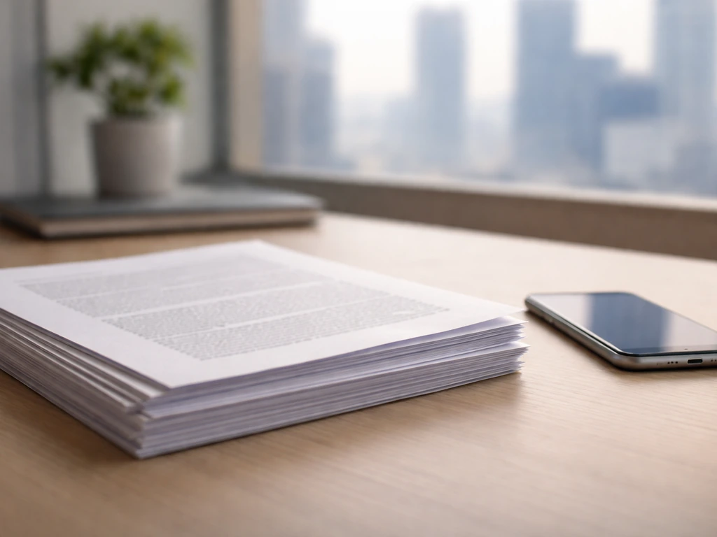 Stack of prospectus filing papers and a smartphone on a minimal desk near a window skyline.