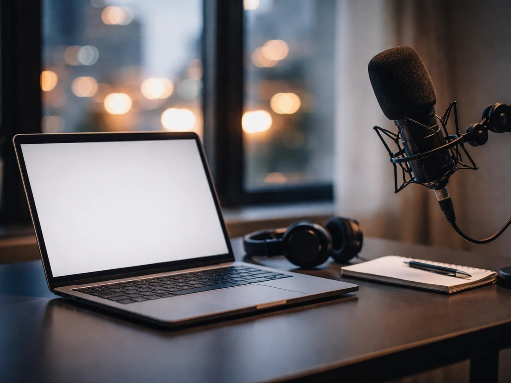Open laptop on a clean studio desk with a microphone and blurred city lights symbolizing media and wealth interest.