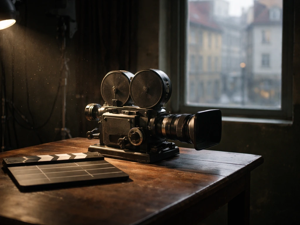 Vintage 35mm film camera on a studio desk with soft light and a muted city view through a window.