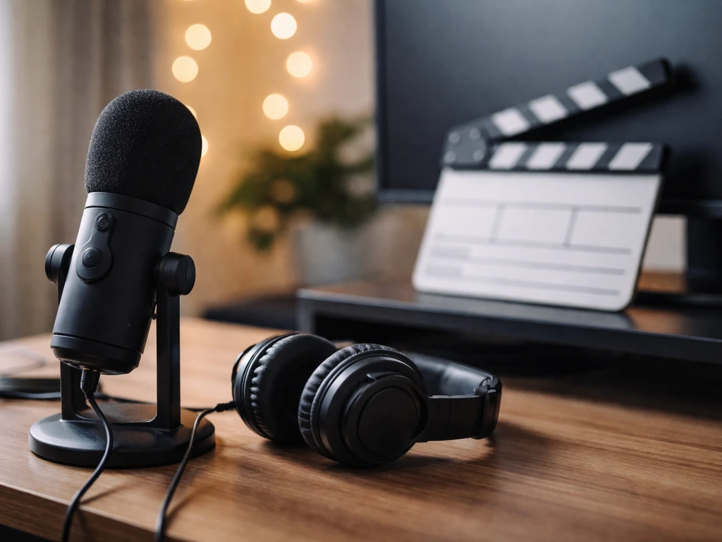 Minimal home studio scene with microphone and headphones, suggesting streaming TV production era.