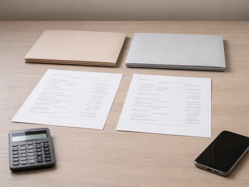 Minimal desk scene with two papers and folders suggesting comparison of differing money estimates.