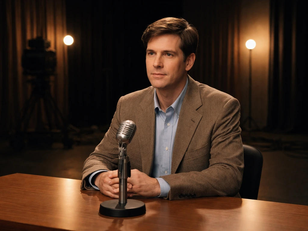 Period-appropriate TV studio scene with a lone actor-like figure seated at a vintage desk and camera lights