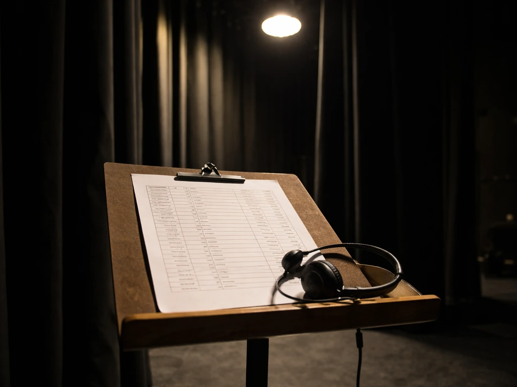 Backstage theater cue sheets, a wireless headset mic, and warm stage lighting over dark curtains.