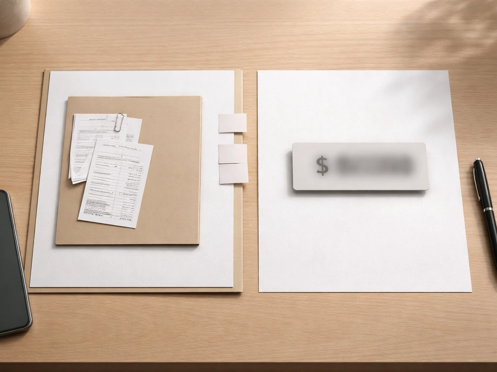 Side-by-side desk scene with credible document cues on one side and a blank dollar box on the other.