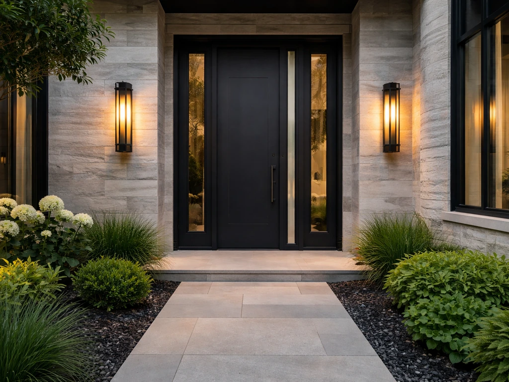 Close-up of a luxury home entryway with stone facade and elegant door details, no people.