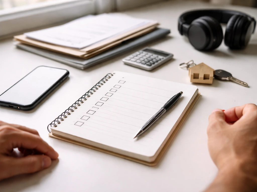 Open notebook with handwritten checklist beside a smartphone and calculator, showing due diligence for wealth estimates