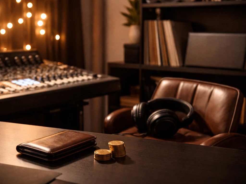 Warm studio office desk with headphones, vinyl, and gold coins suggesting Latin music industry wealth.