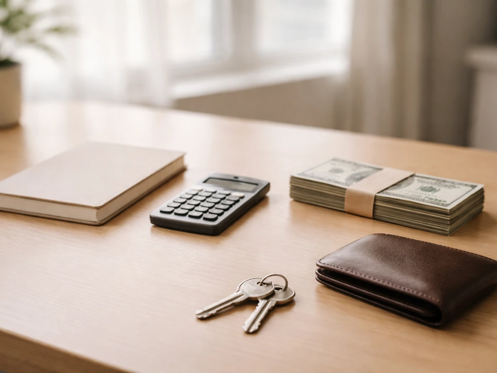 Minimal photo of a desk with a closed notebook, calculator, and cash to symbolize assets minus liabilities.