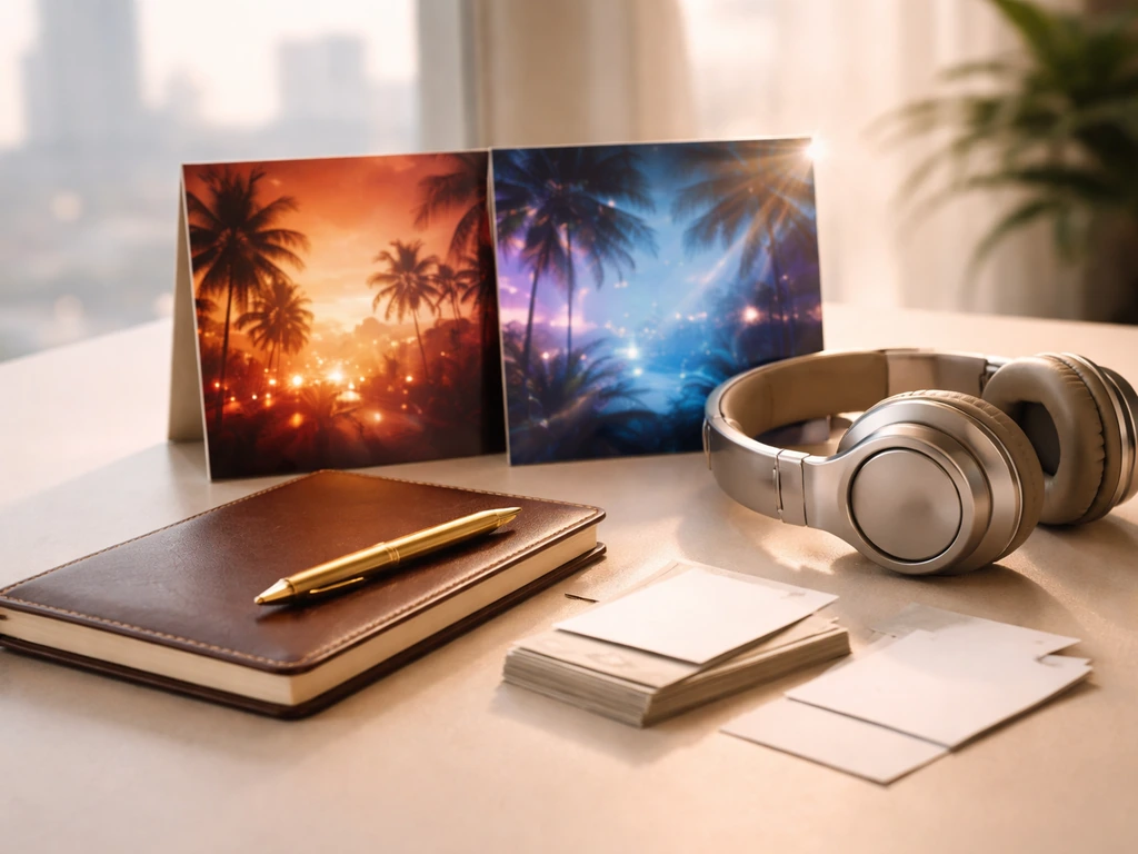 Minimal desk scene with studio headphones, luxury notebook, and blank album-cover style panels evoking music and wealth.