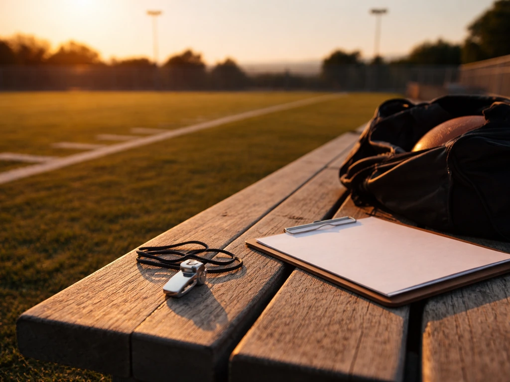 Whistle and football gear on a sideline bench beside an empty practice field at sunset.