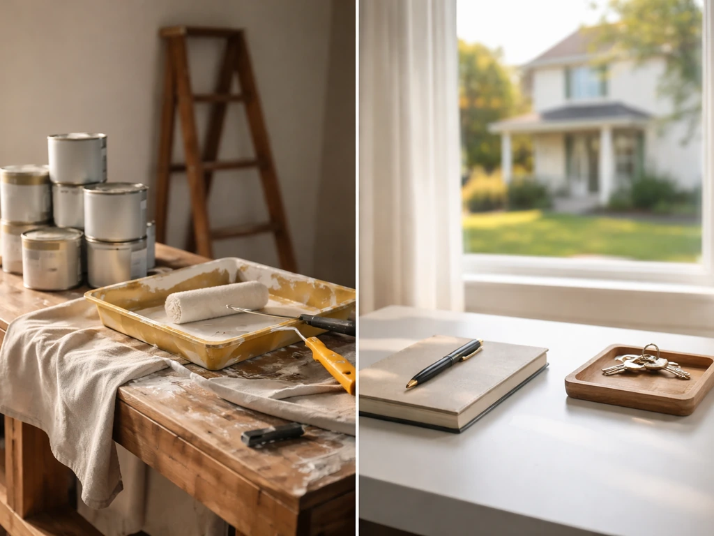 Split image showing a paint workshop on one side and a minimal real-estate desk/view on the other.