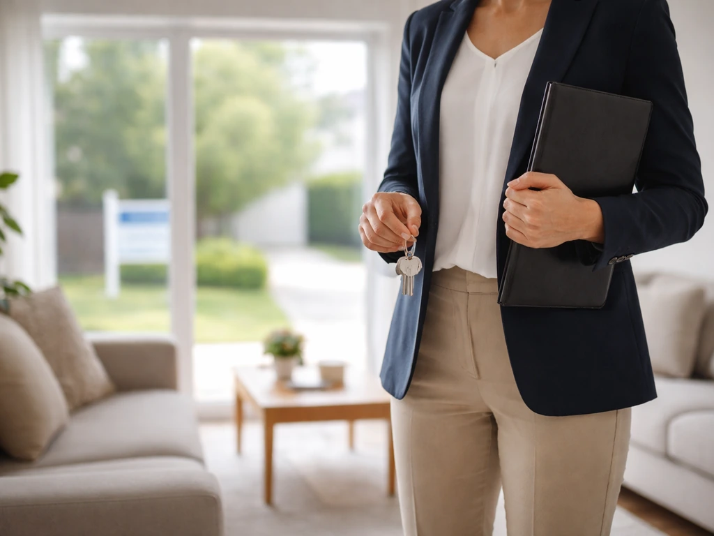 Real estate agent showing a modern home interior with a real estate sign outdoors