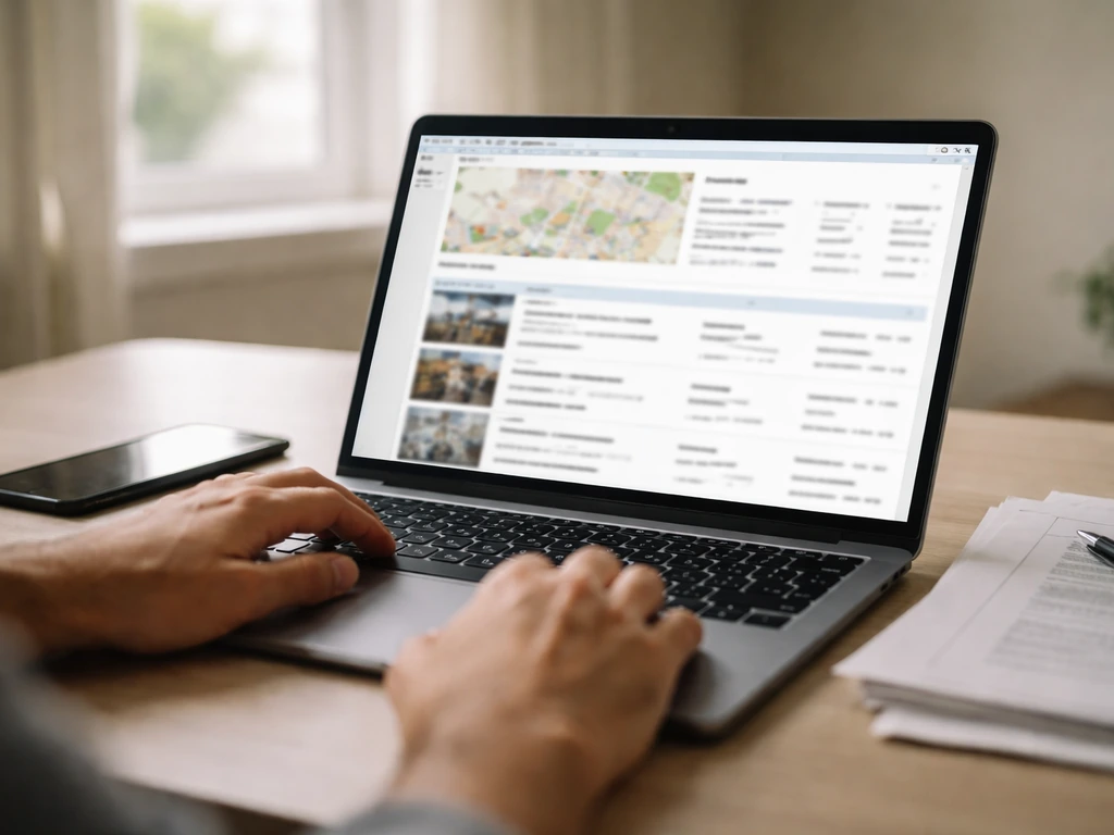 Hands verifying generic county property records on a laptop in a quiet home office.