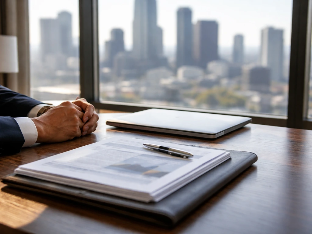 Anonymous businessman seated in a quiet office with a laptop and folders, suggesting financial estimates