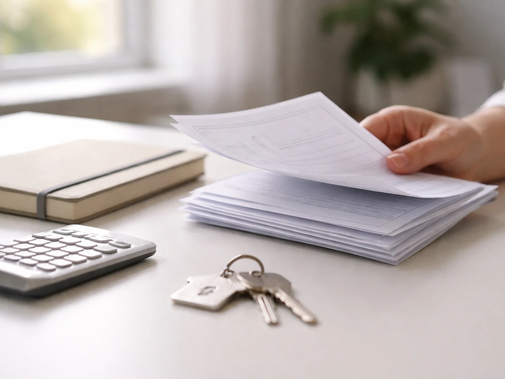 Minimal photo of a hand holding a stack of property documents beside a calculator and keys on a desk