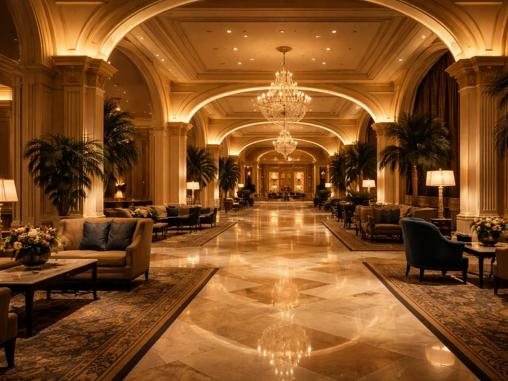 Quiet luxury casino hotel lobby interior with warm lights and elegant seating in Las Vegas style
