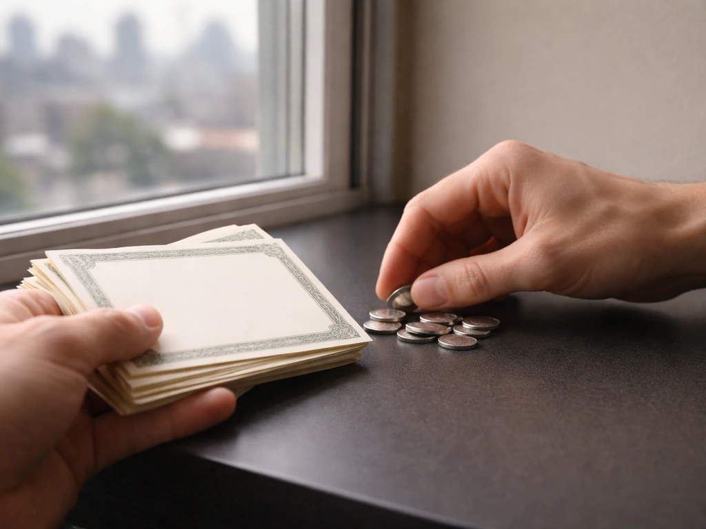 Anonymous hands placing metallic tokens and blank stock folders on a desk by a window, implying equity holdings