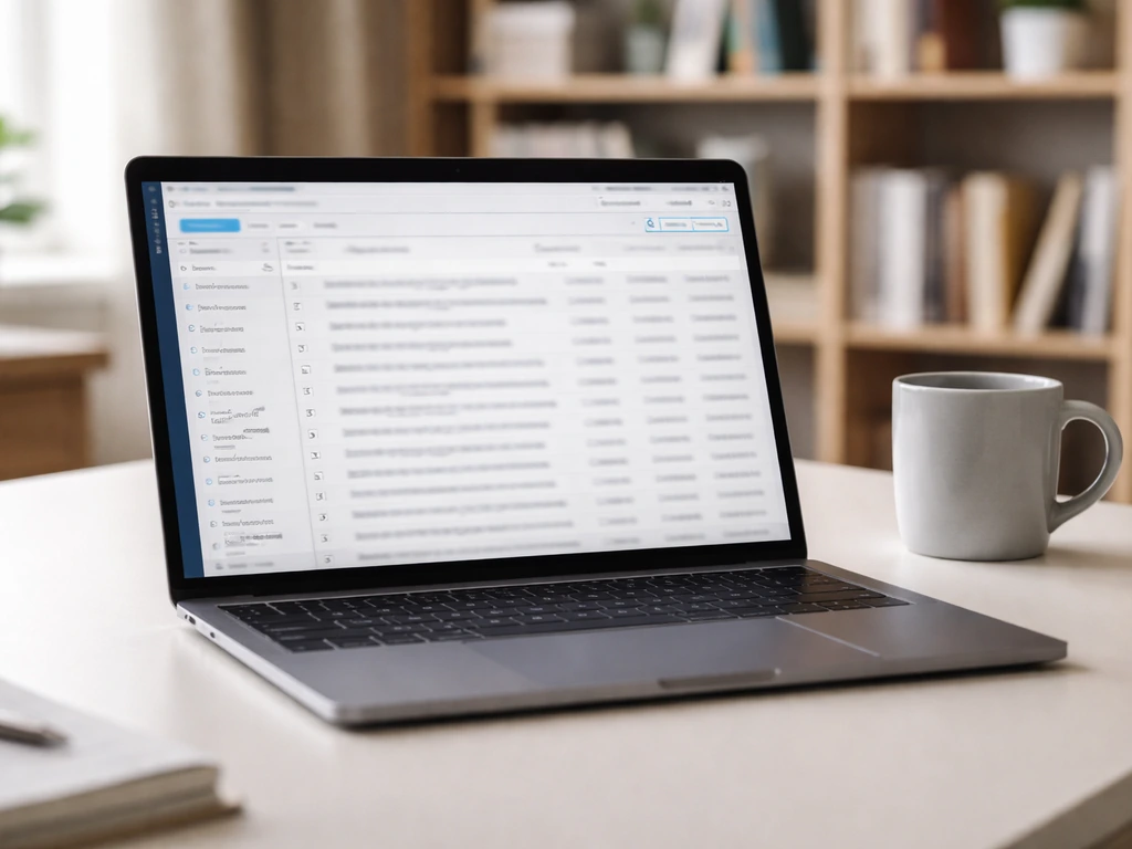 Close-up of a laptop showing an empty-looking legal document search results layout in a quiet home office.