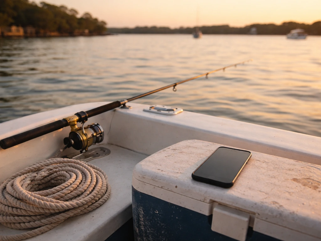Florida East Coast fishing industry scene with boat gear and a phone on deck, symbolizing a fishing creator identity.