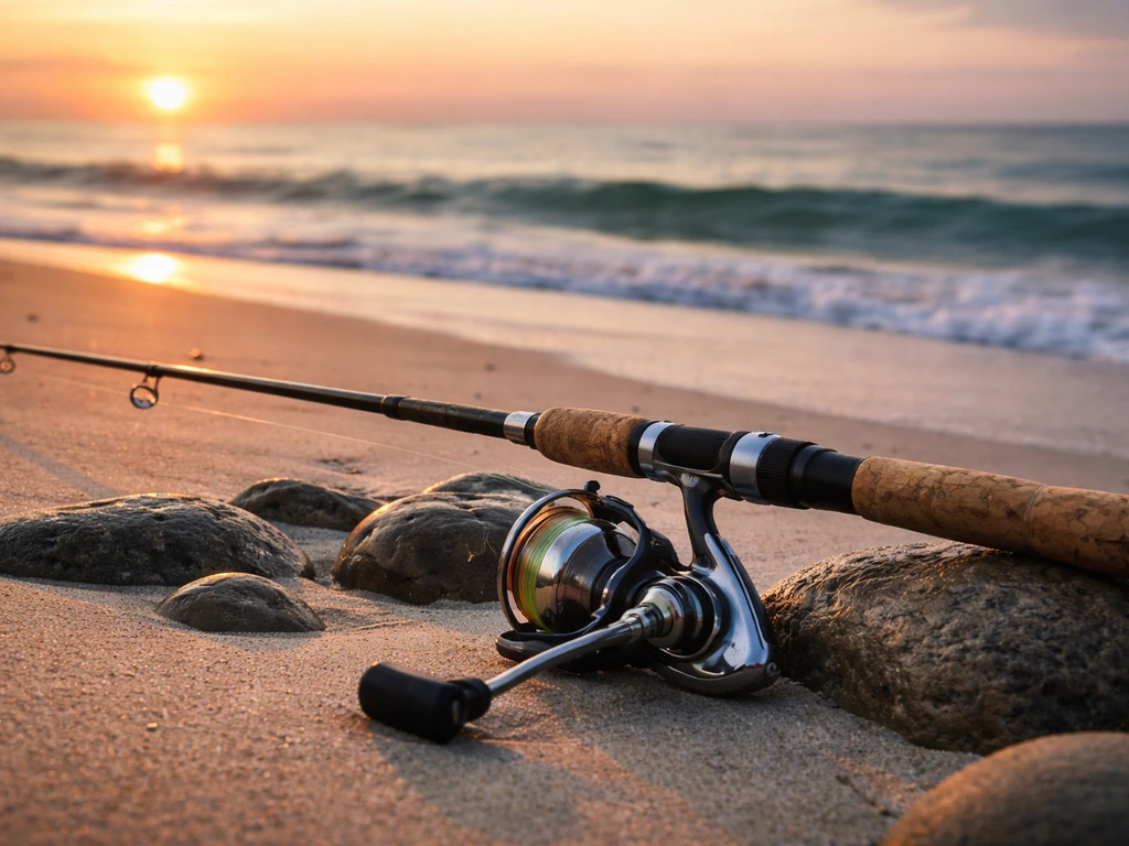 Close-up of a fishing rod on a quiet Florida shoreline at sunrise, evoking outdoor content income streams.