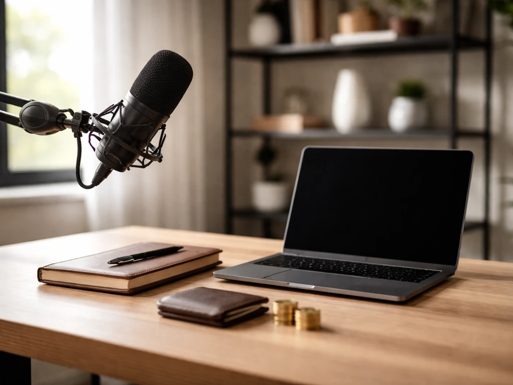 Minimal podcast studio desk with a microphone, laptop, and subtle wealth cues like coins and wallet.