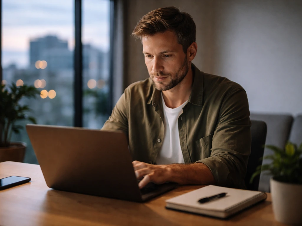 Minimal photo of an entrepreneur working at a laptop in a modern office, suggesting a specific founder identity.