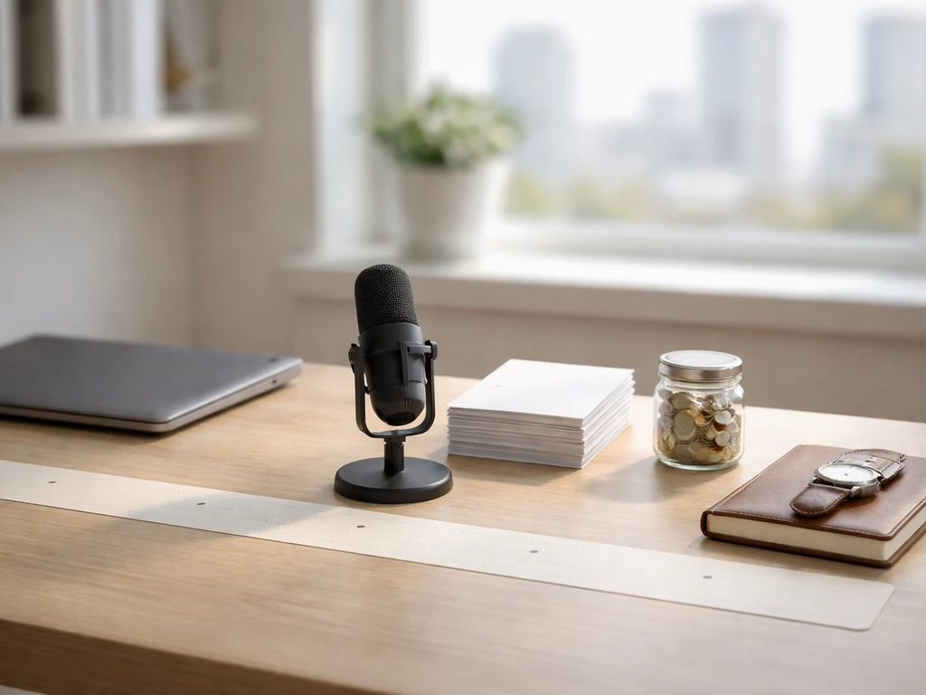 Minimal desk still-life with coin jar and blank documents symbolizing career earnings milestones timeline.