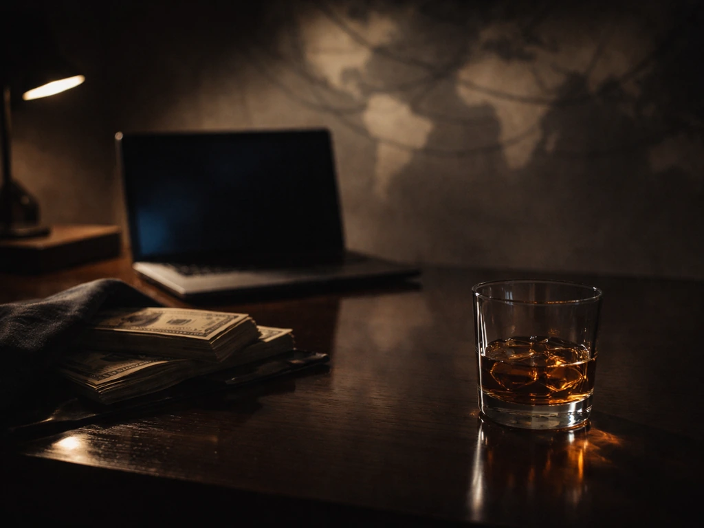 Moody desk scene with scattered cash and a shadowy world map projection on a wall, symbolizing disputed estimates.