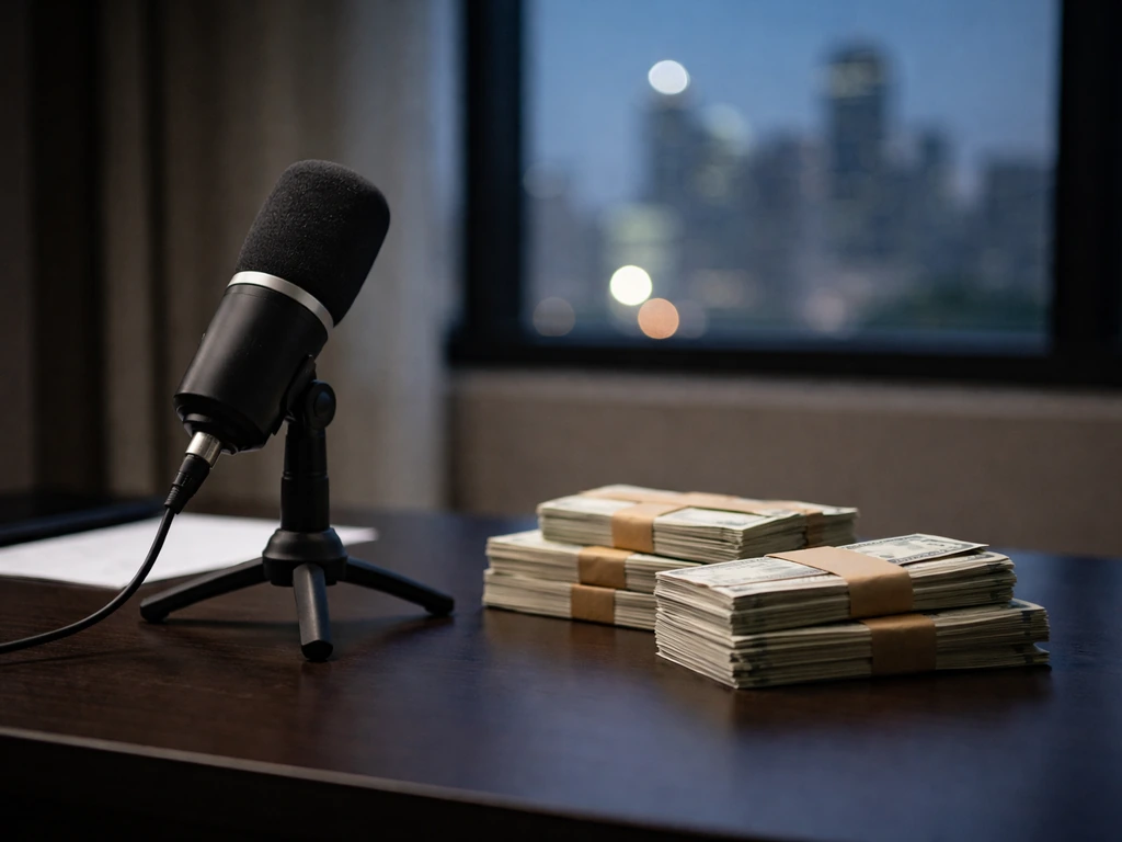 Minimal photo of a neutral office desk with money-like bundles and a media microphone, evoking net-worth reporting.