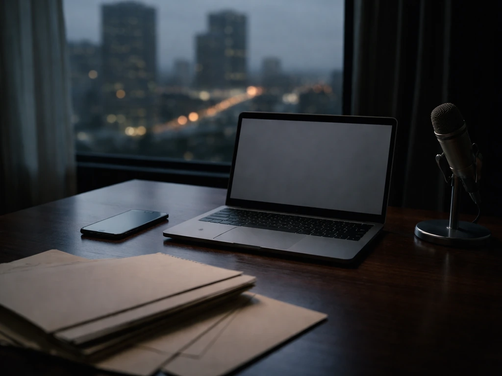 Minimal desk scene with papers, phone, and a blank laptop screen suggesting hidden finances