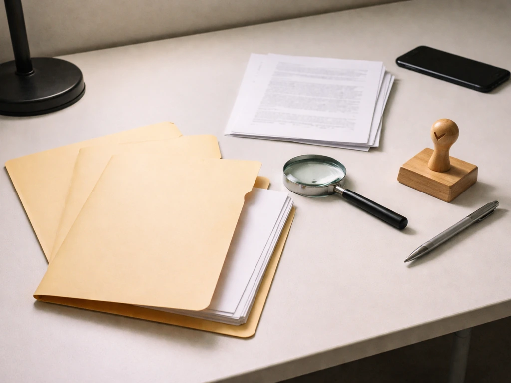 Desk scene with blank documents, magnifying glass, and a stamp suggesting fact-checking net worth ranges.