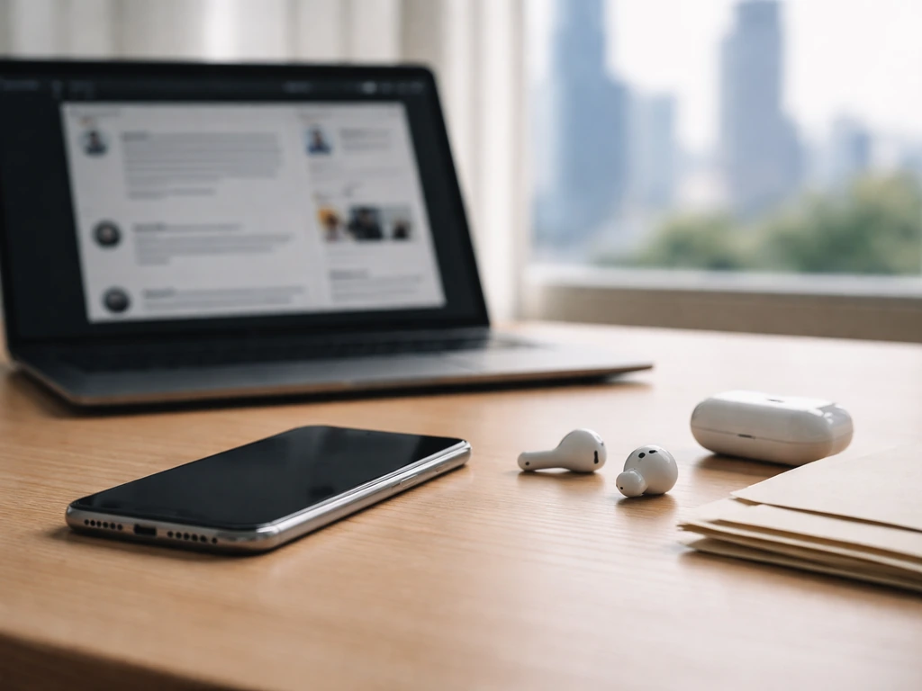 Smartphone on a desk with a blurred social-media screen, suggesting online discussion and claim evaluation.