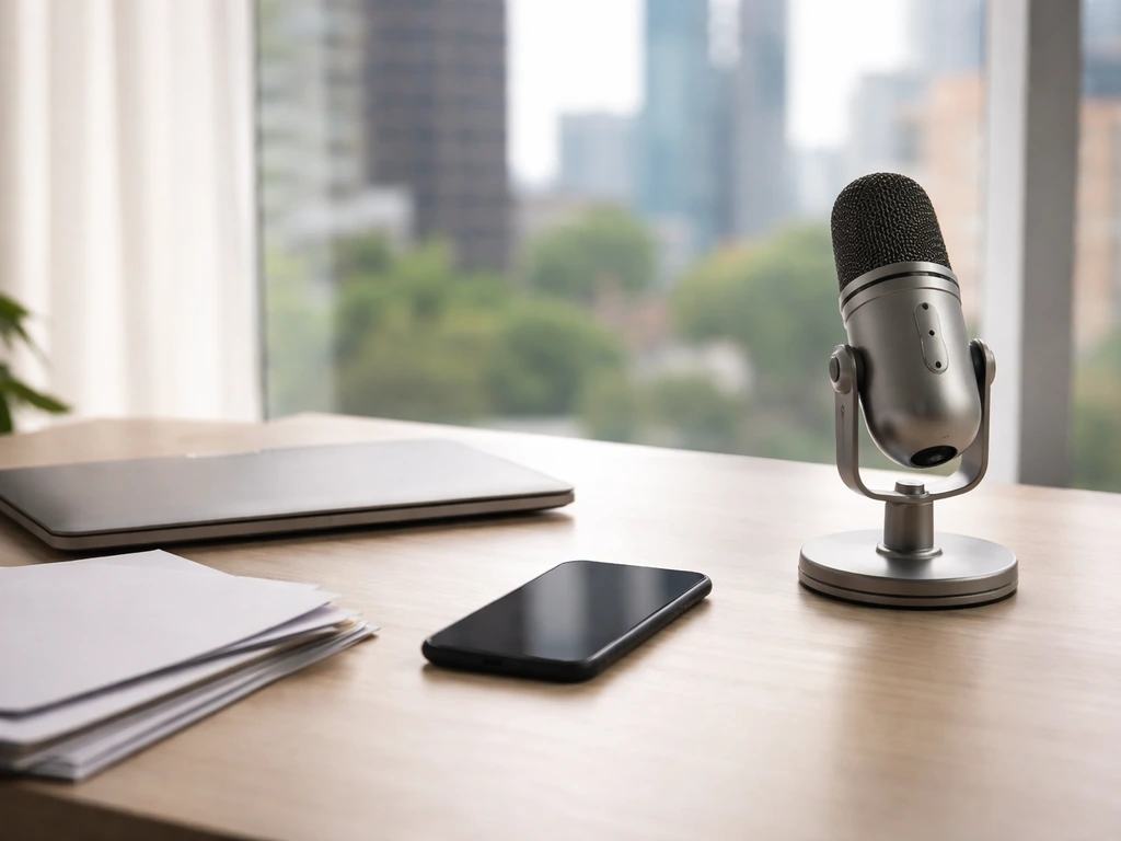 Minimal fintech desk scene with microphone, smartphone, and blank documents, hinting at business and net-worth interest