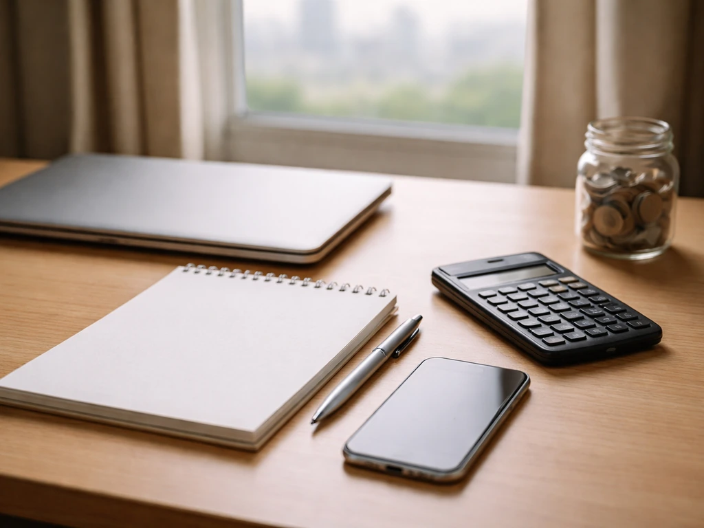 Minimal analyst desk with calculator, blank notepad, coins, and laptop suggesting net worth estimation range.