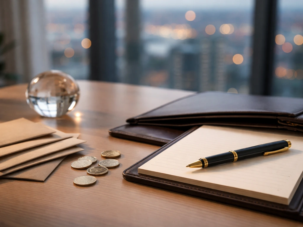 Minimal finance desk with coins and documents, blurred office window suggesting wealth distribution.