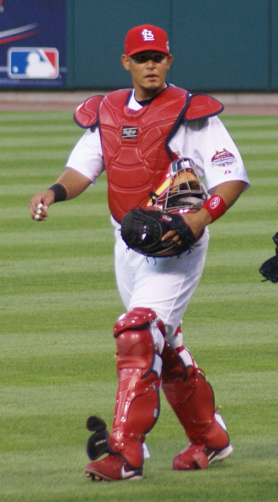 Yadier Molina in St. Louis Cardinals catcher gear on the field