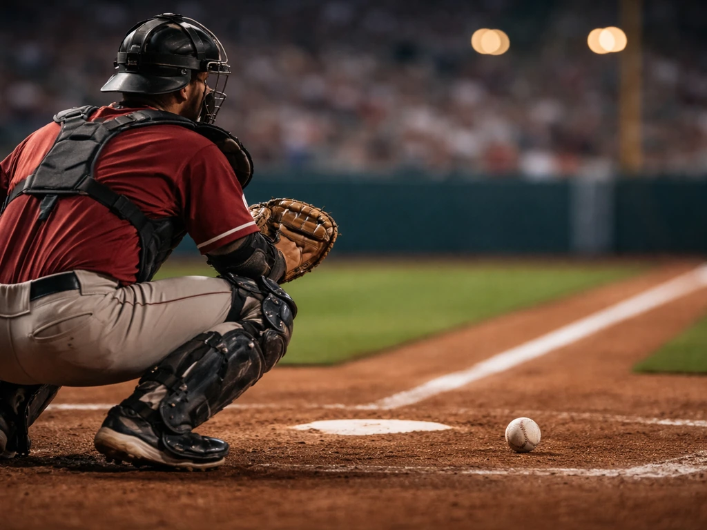 Generic catcher in gear at home plate in a blurred MLB stadium, with a baseball on the dirt.