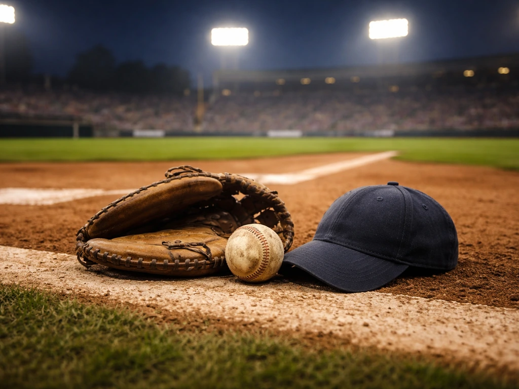 Baseball glove and ball near home plate with stadium lights blurred in the background