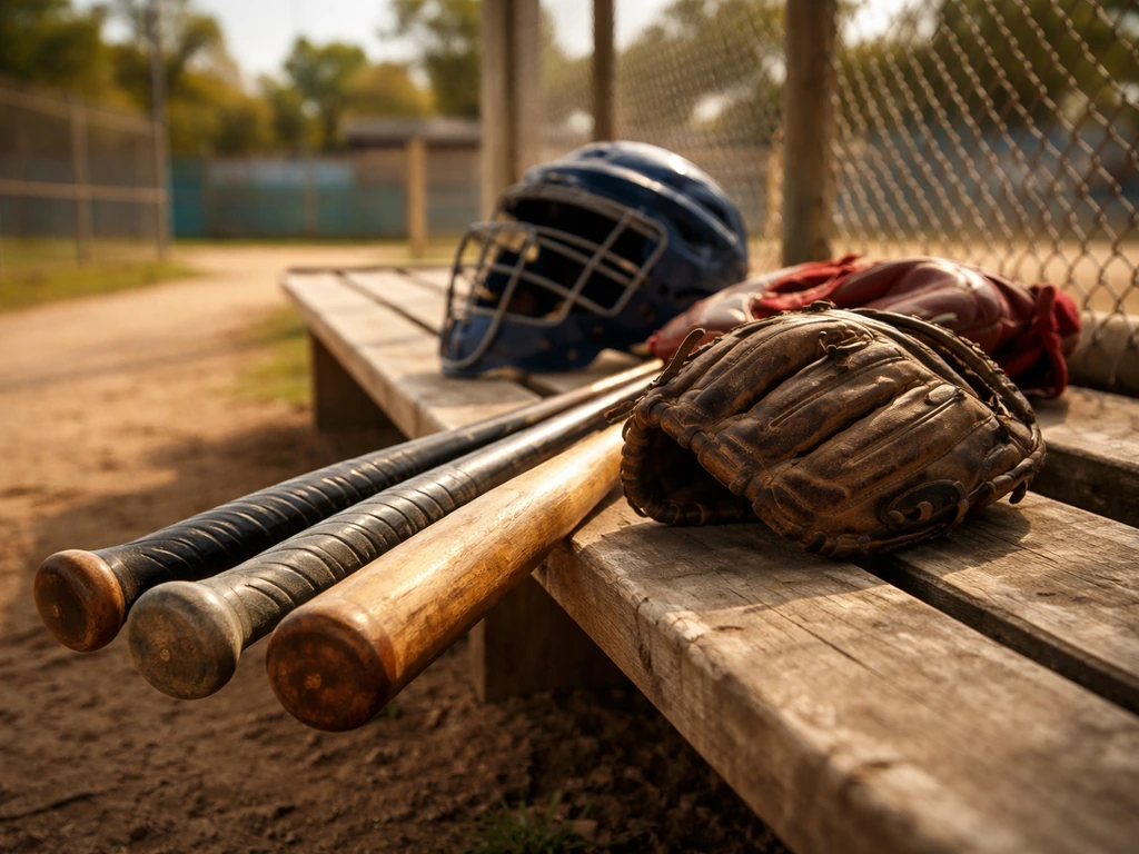 Baseball gear with glove, helmet, and three bats in a sunlit Puerto Rican stadium setting, no people.