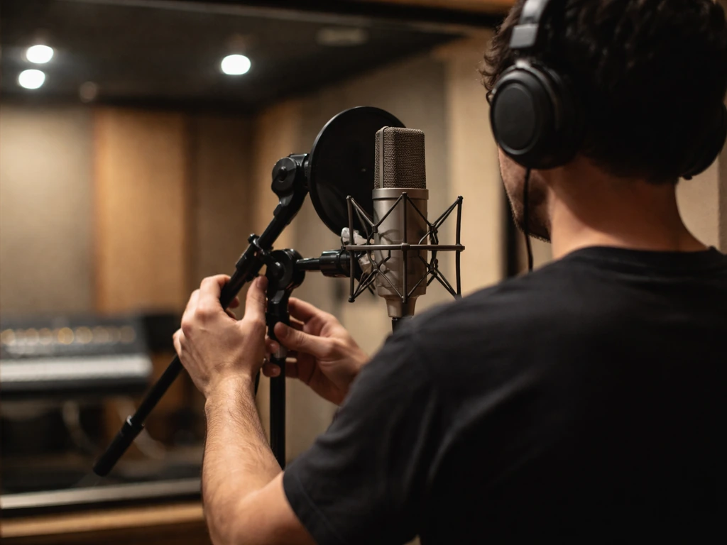 Anonymous musician in a recording studio adjusting a microphone near a glass booth and mixing console.